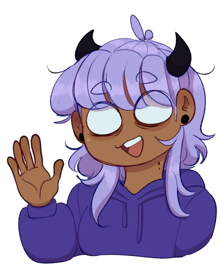 A drawing of a Ven imp persona; light brown skin, shoulder length light purple hair with bangs, black horns, opaque eyes with eyebags, smiling and waving. They are wearing a purple hoodie.